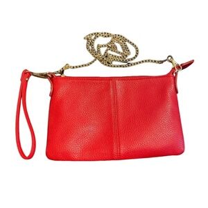 Charming Charlie red clutch or purse with gold chain. 9.5” x 6”. Dual purpose.